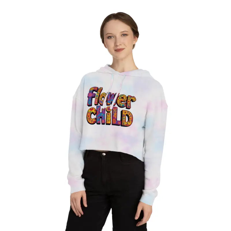 Women’s tie-dye cropped hoodie with Flower Child print in pastel floral design