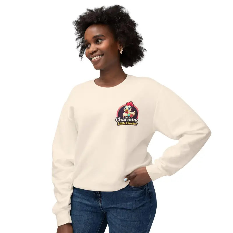 Cream-colored Funny Female Hen Lightweight Sweatshirt featuring cartoon chicken logo