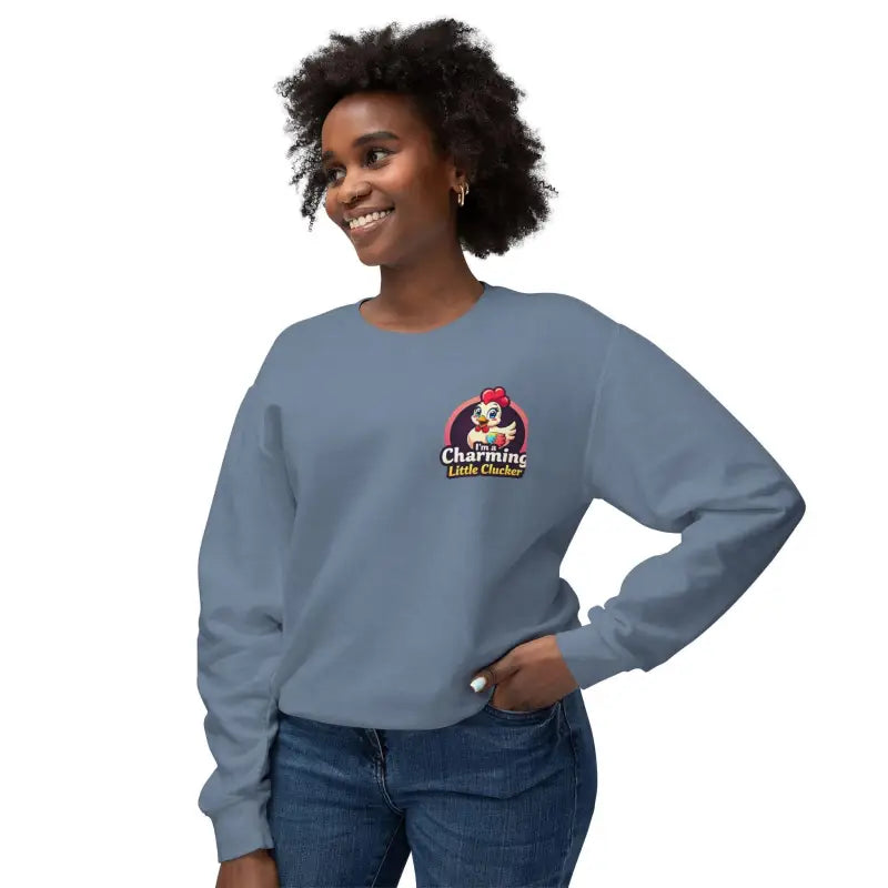 Blue sweatshirt featuring a cartoon chicken logo from Funny Female Hen collection