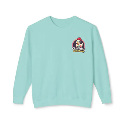 Light blue sweatshirt featuring a cartoon chicken logo for Funny Female Hen collection