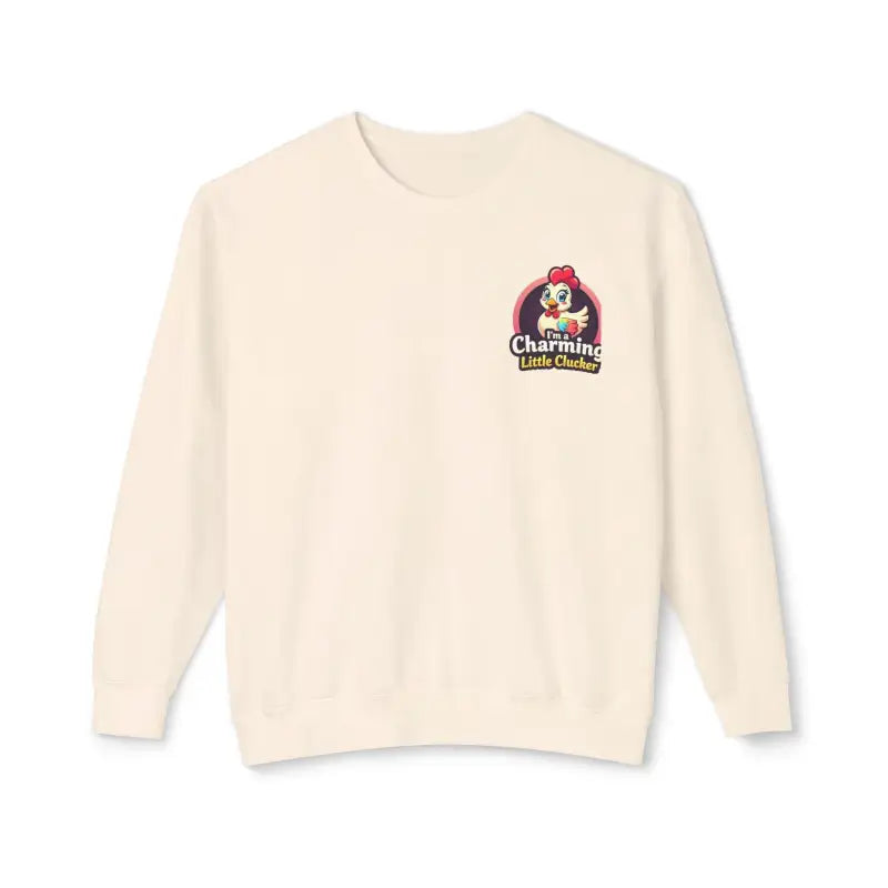 Beige sweatshirt featuring cartoon chicken logo from Funny Female Hen collection