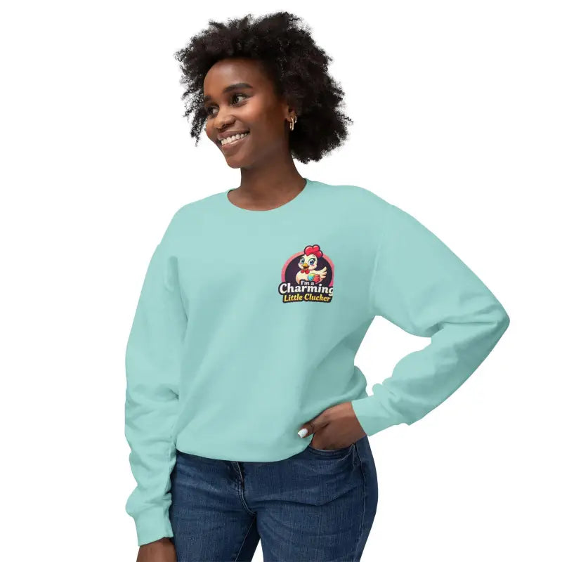 Light blue sweatshirt featuring a chicken logo from Funny Female Hen Lightweight Sweatshirt