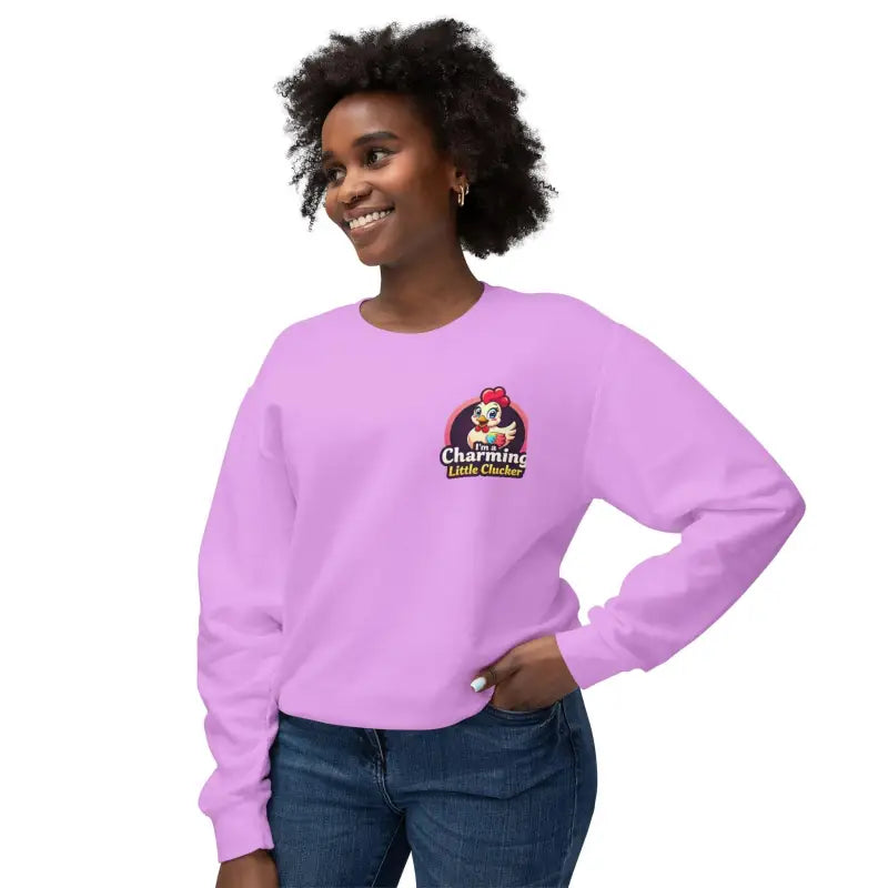 Lilac sweatshirt featuring a cartoon chicken logo from the Funny Female Hen collection