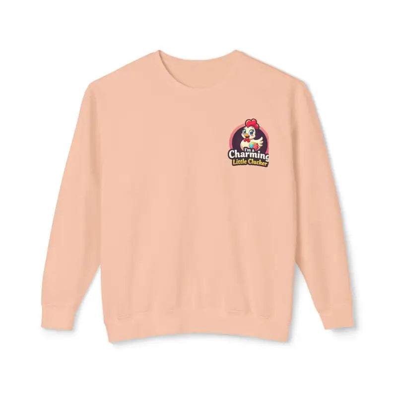 Peach-colored sweatshirt featuring a humorous chicken logo for women