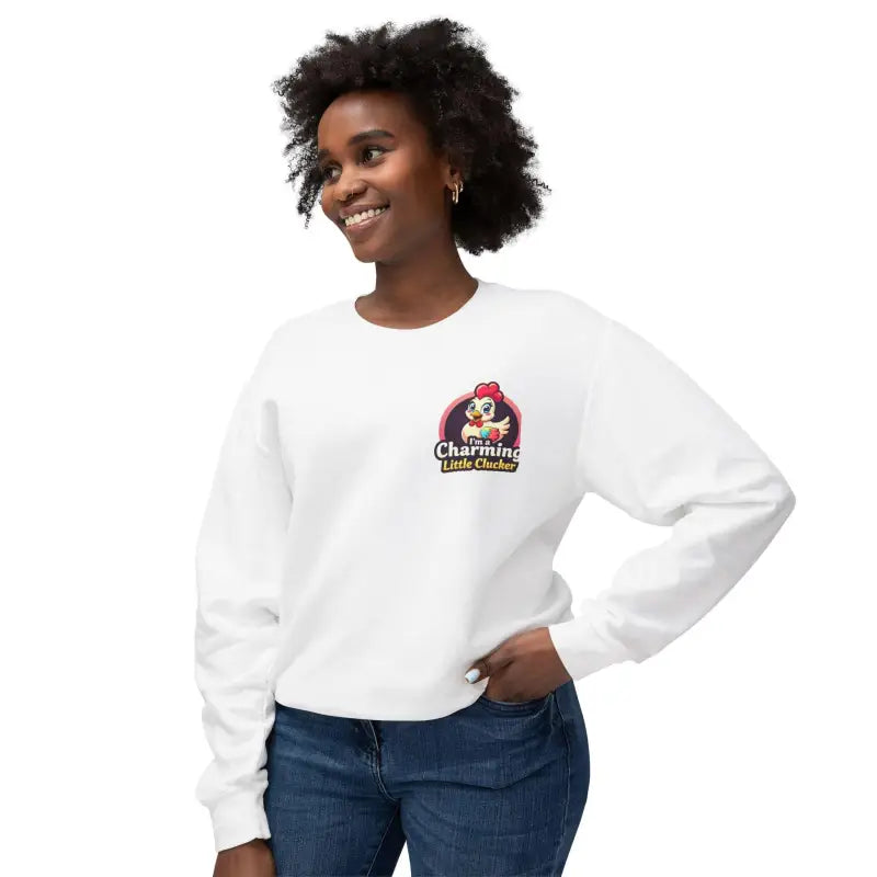 White sweatshirt featuring a cartoon chicken logo from the Funny Female Hen collection