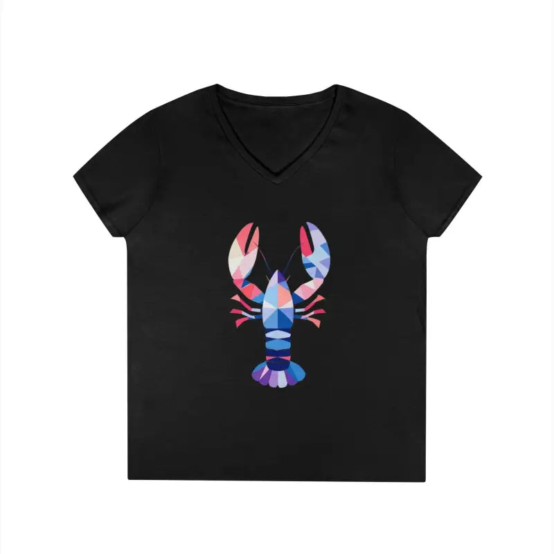 Black v-neck t-shirt featuring a geometric lobster design for stylish casual wear