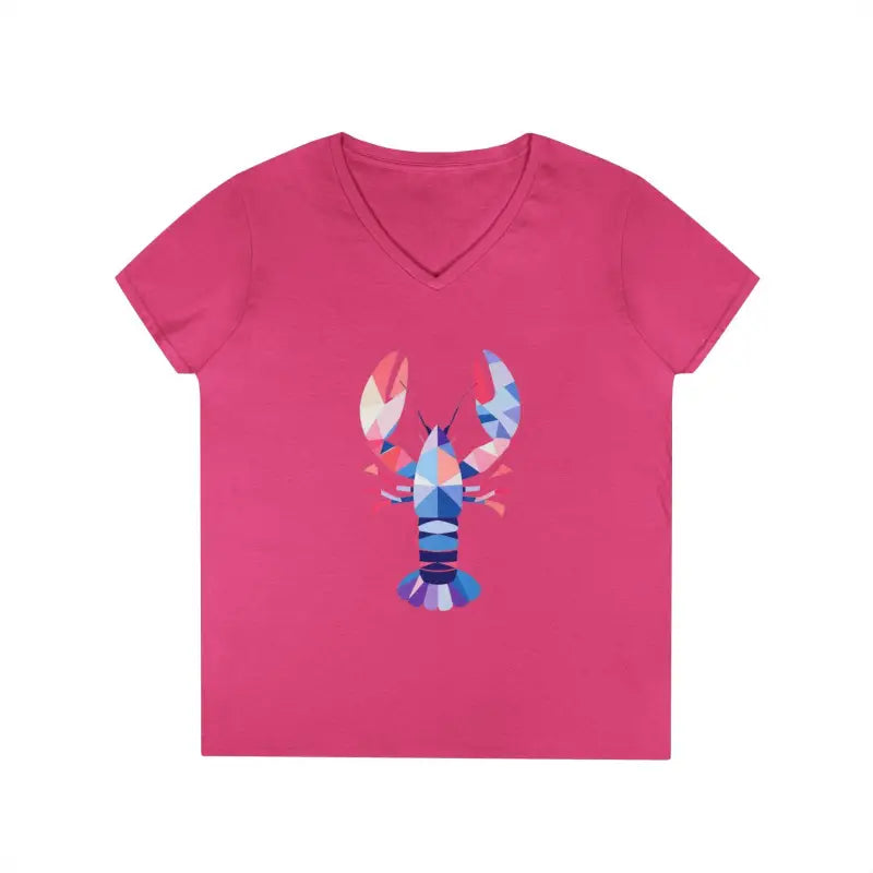 Pink v-neck t-shirt featuring a geometric lobster design, ideal for casual wear
