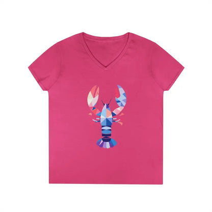Pink v-neck t-shirt featuring a geometric lobster design, ideal for casual wear