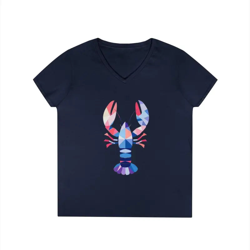 Navy v-neck t-shirt featuring a geometric lobster design for casual fashion