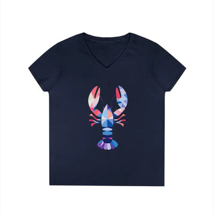 Navy v-neck t-shirt featuring a geometric lobster design for casual fashion