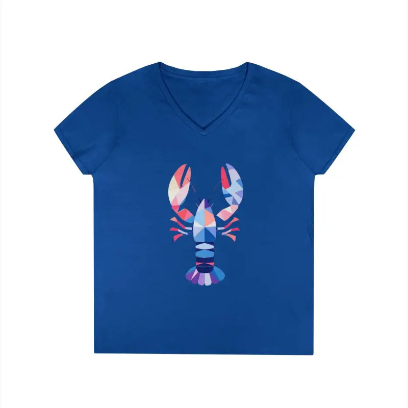 Blue v-neck t-shirt featuring a geometric lobster design for casual style