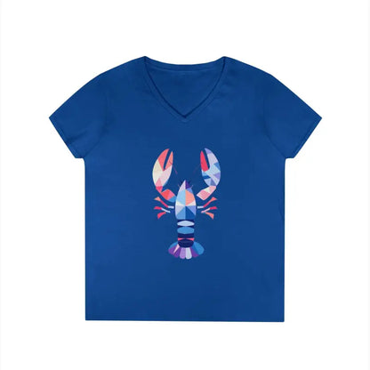 Blue v-neck t-shirt featuring a geometric lobster design for casual style
