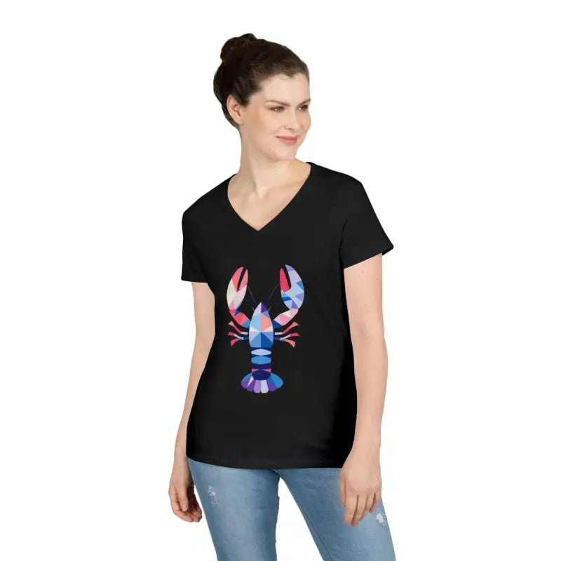 Black V-neck T-shirt featuring a geometric lobster design for a stylish look