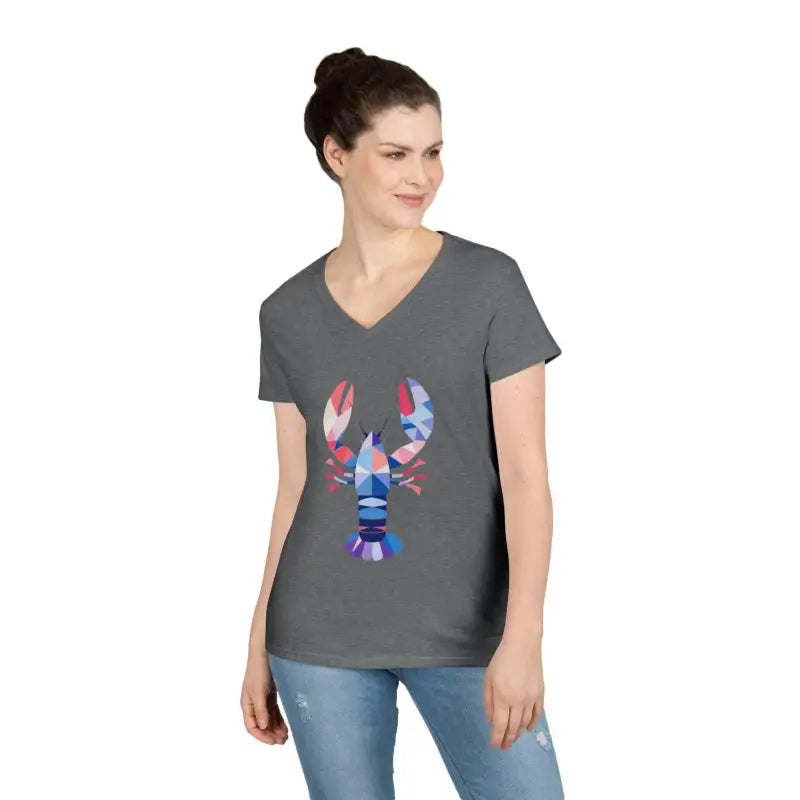 Gray V-neck T-shirt featuring a unique geometric lobster design for stylish appeal