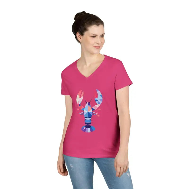 Woman showcasing a pink Geometric Lobster V Neck T Shirt style and design