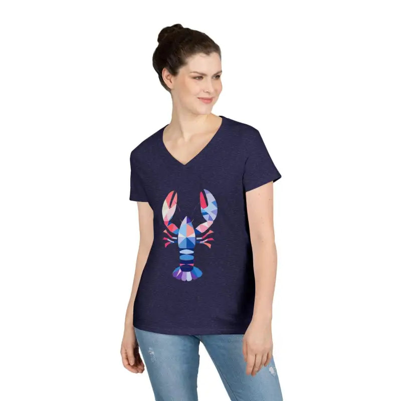 Woman’s navy v-neck t-shirt featuring a geometric lobster design for stylish casual wear