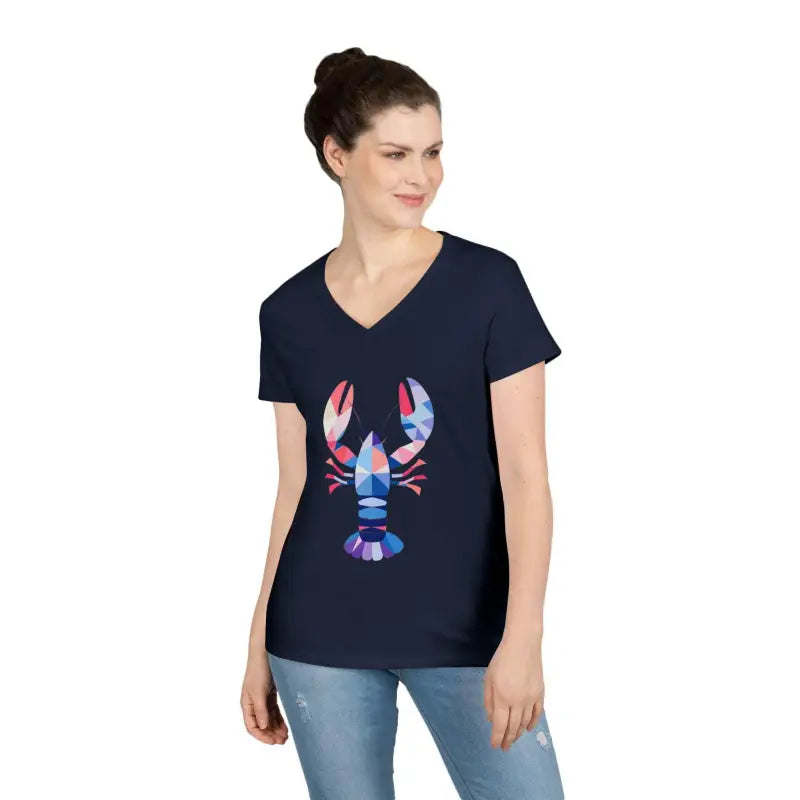 Woman’s navy v-neck t-shirt featuring a unique geometric lobster design