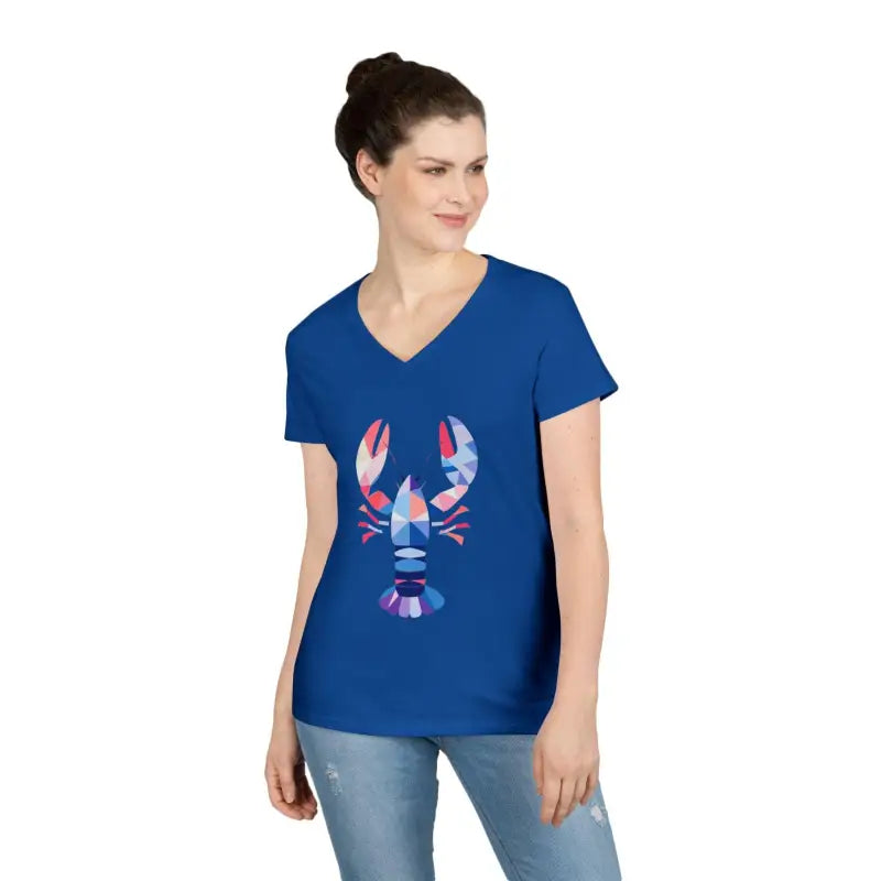 Woman’s blue v-neck t-shirt featuring a geometric lobster design in vibrant colors