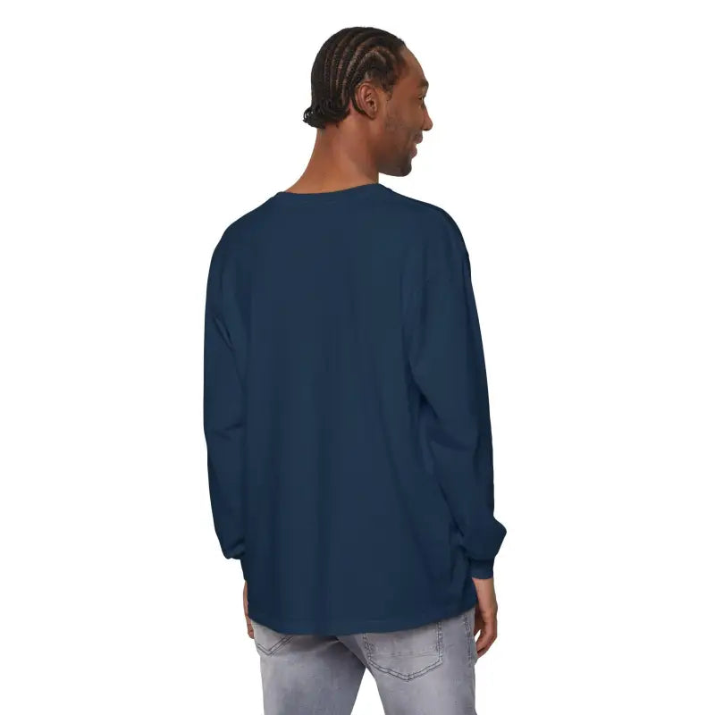 Man wearing a blue long-sleeved shirt from the Girl Dad Long Sleeve T Shirt collection