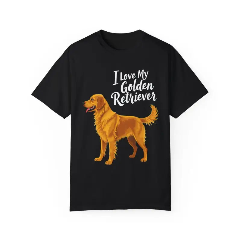 Black t-shirt featuring Golden Retriever graphic for dog lovers, unisex design
