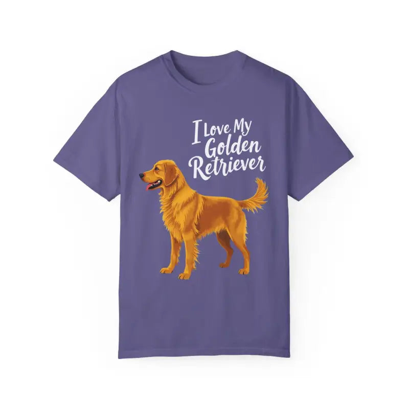 Purple t-shirt featuring a Golden Retriever graphic for dog lovers