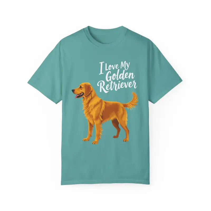 Teal unisex t-shirt featuring a Golden Retriever graphic for dog lovers