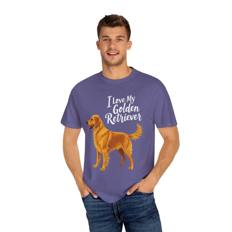 Purple t-shirt featuring a Golden Retriever graphic for dog lovers
