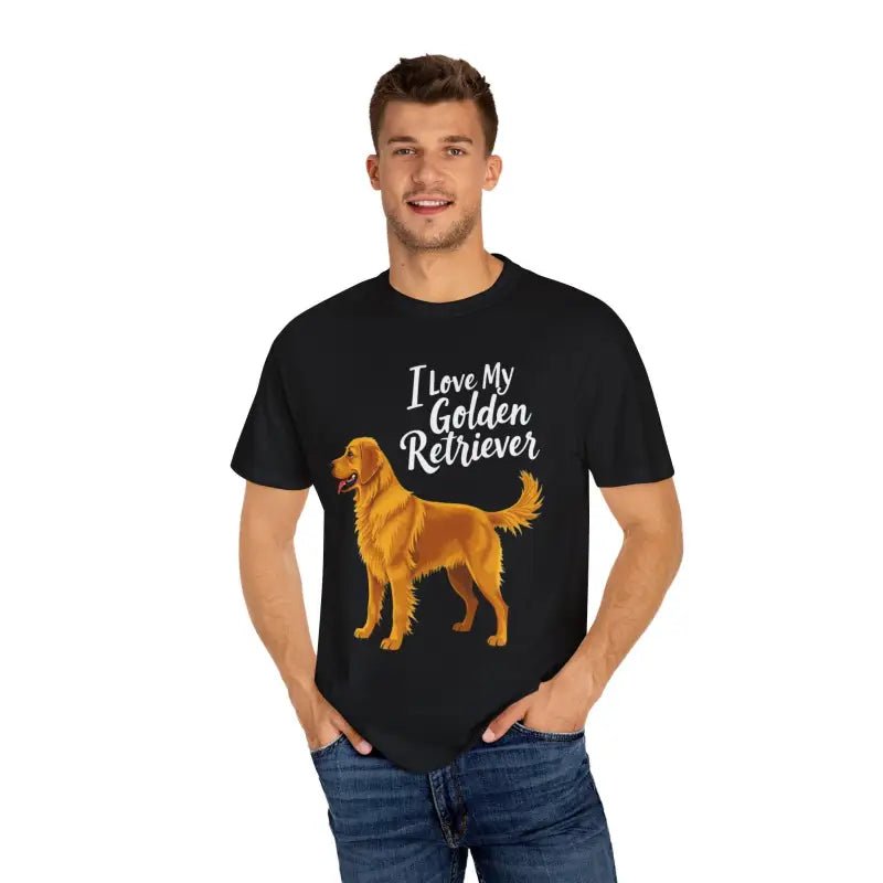 Black unisex t-shirt featuring a Golden Retriever graphic for dog lovers