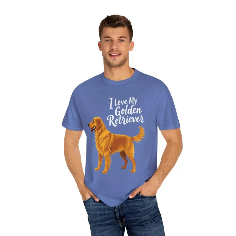 Blue unisex t-shirt featuring a Golden Retriever graphic for dog lovers