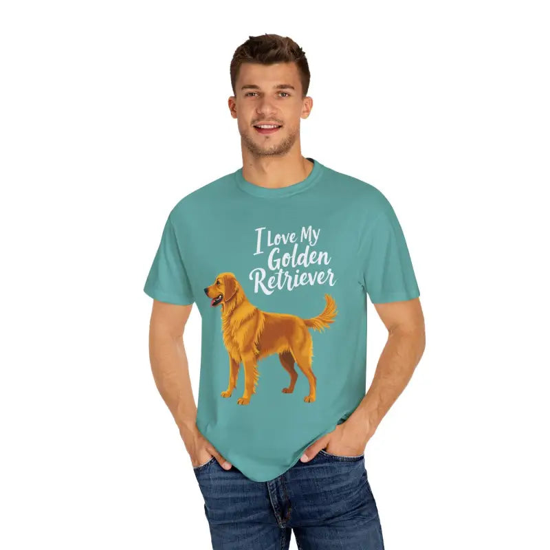 Man modeling a Golden Retriever Dog Lover Unisex T Shirt showcasing his love for dogs