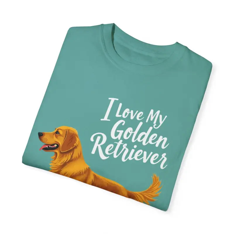 Teal unisex T-shirt featuring a graphic of a Golden Retriever for dog lovers