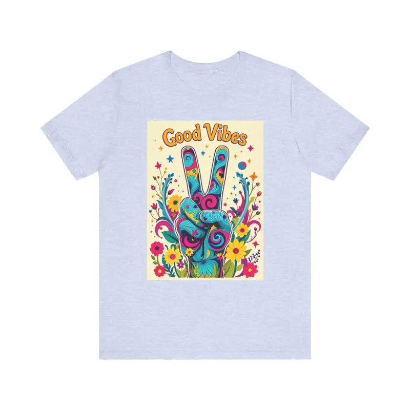 Light blue Good Vibes Unisex Jersey Tee featuring a colorful peace flower graphic