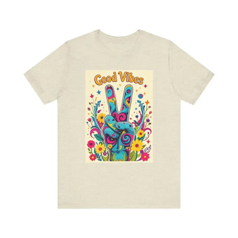 Beige Good Vibes Unisex Jersey Tee featuring colorful peace flower graphic design