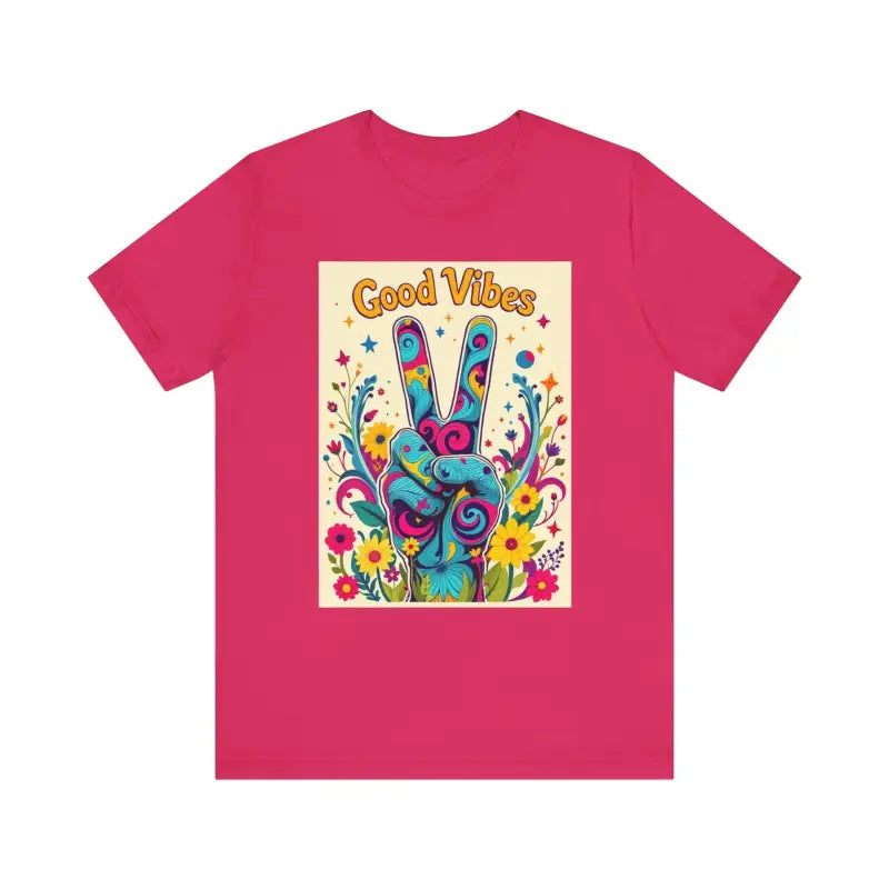 Pink Good Vibes Unisex Jersey Tee featuring a colorful peace flower graphic