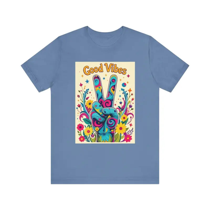 Blue Good Vibes Unisex Jersey Tee featuring a colorful peace flower graphic