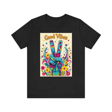 Black Good Vibes Unisex Jersey Tee featuring a vibrant peace flower graphic