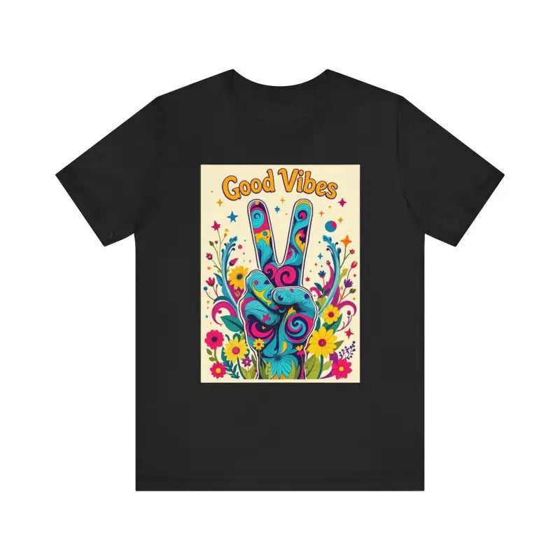Black Good Vibes Unisex Jersey Tee featuring a vibrant peace flower graphic