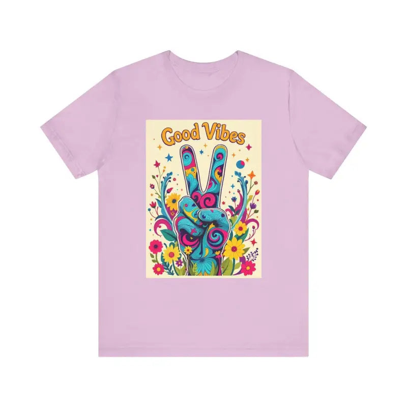 Lilac Good Vibes Unisex Jersey Tee with Colorful Peace Flower Design displayed