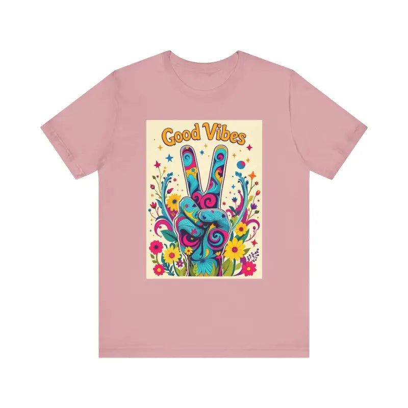 Pink Good Vibes Unisex Jersey Tee featuring a colorful peace sign design