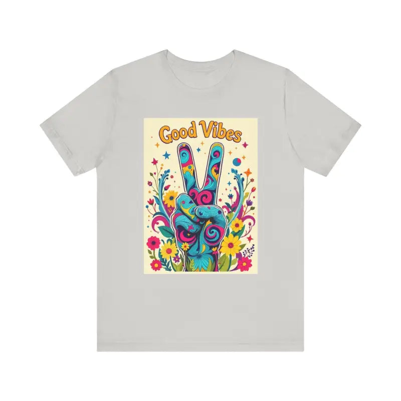 Gray t-shirt featuring colorful peace sign design from Good Vibes Unisex Jersey Tee