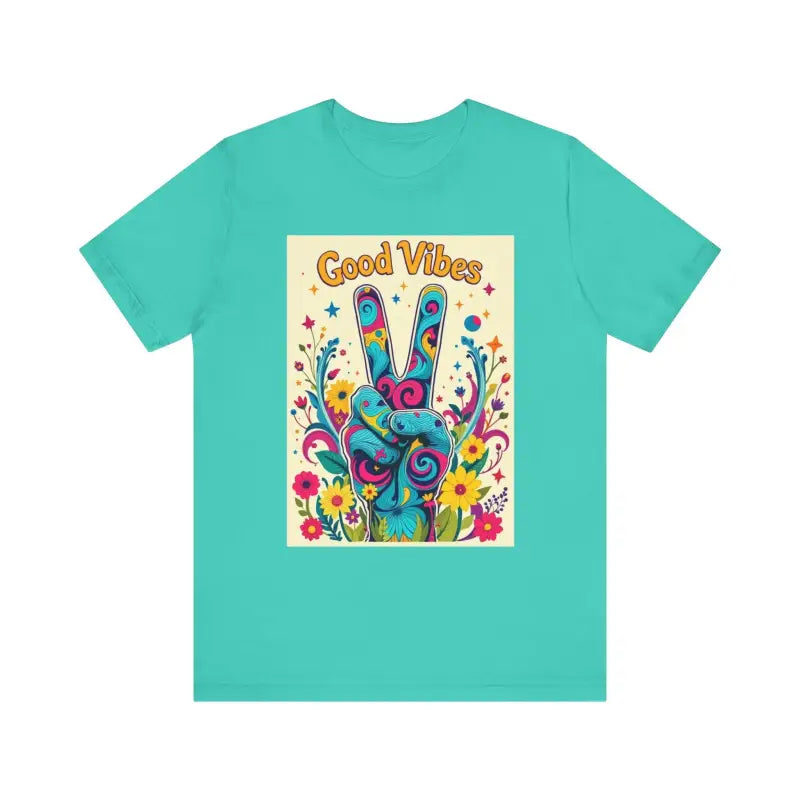 Turquoise Good Vibes Unisex Jersey Tee featuring a colorful peace sign graphic