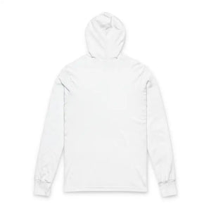 Back view of plain white long sleeve hoodie from Wander More Worry Less T Shirt collection