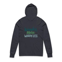 Dark gray long-sleeve hoodie with Wander More Worry Less print for casual wear