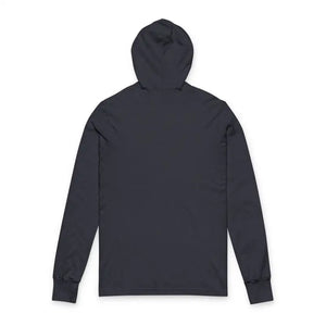 Dark gray long-sleeve hooded T-shirt with Wander More Worry Less print