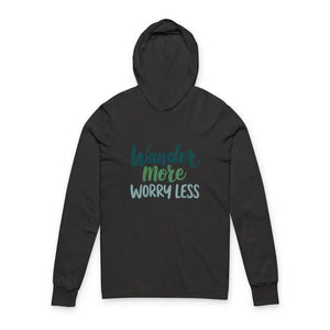 Dark gray long-sleeved hooded T-shirt with Wander More Worry Less print
