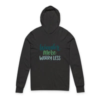 Dark gray long-sleeved hooded T-shirt with Wander More Worry Less print