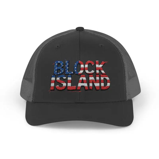 Gray Block Island Trucker Hat with American Flag Lettering - Ocean State Styles