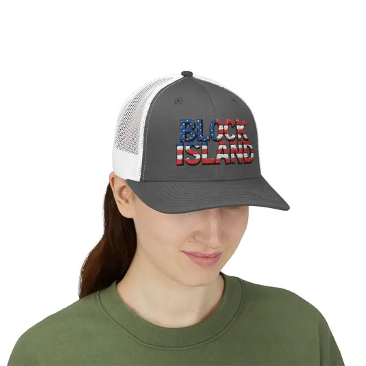 Gray Block Island Trucker Hat with American Flag Lettering - Ocean State Styles