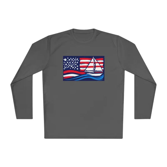 Gray Long Sleeve Shirt With American Flag Sailboat Design - Ocean State Styles