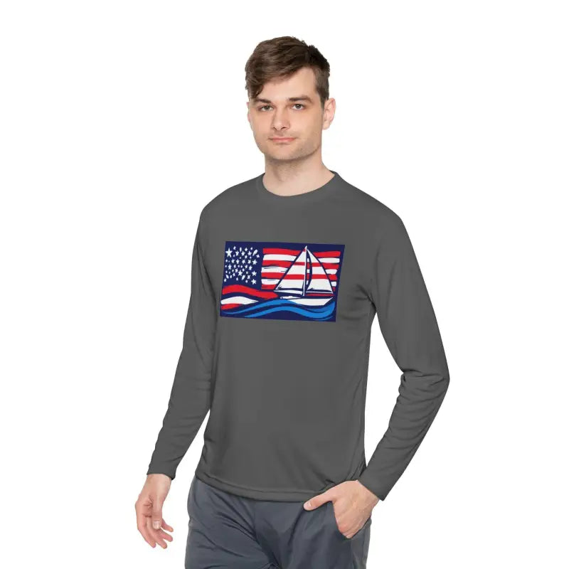 Gray Long Sleeve Shirt With American Flag Sailboat Design - Ocean State Styles